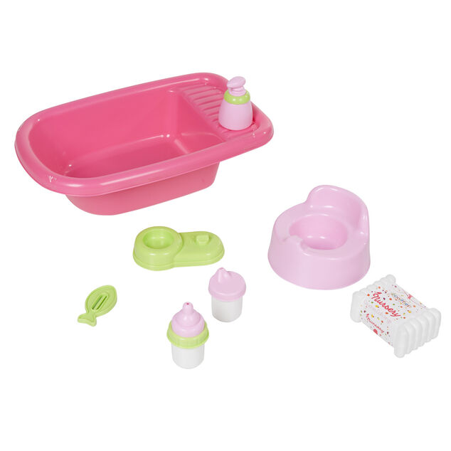 Baignoire rose garnie d'accessoires pour poupon
