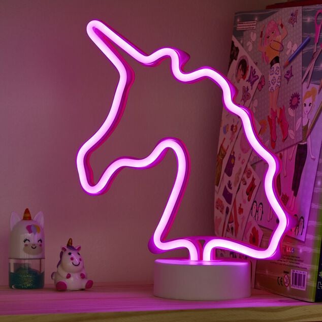 Lampe &agrave; poser d'ambiance n&eacute;on rose forme licorne 20x10xH24,5cm