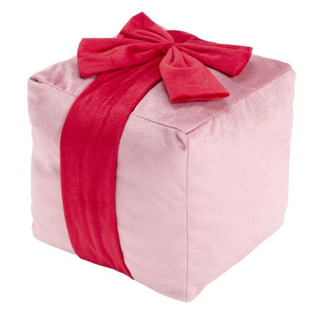 Coussin carr&eacute; forme cadeau de No&euml;l ruban polyester L20X20XH20 cm (2 mod&egrave;les vert ou rose)