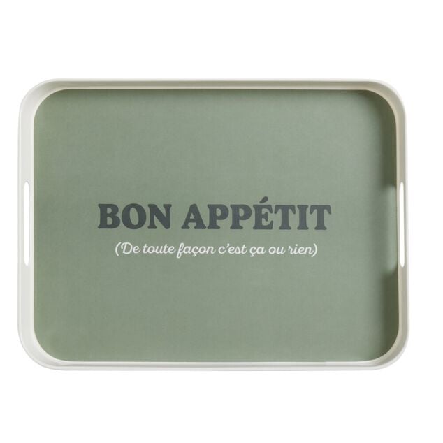 Plateau de service Bon app&eacute;tit en m&eacute;lamin&eacute; vert 29x39cm