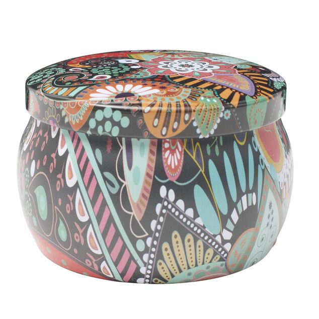 Bougie parfum&eacute;e dans pot m&eacute;tal motif indien color&eacute; 10H (3 mod&egrave;les)