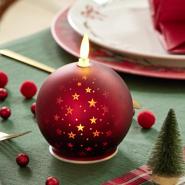 Bougie lumineuse forme boule de Noël en verre rouge Ø10xH13cm