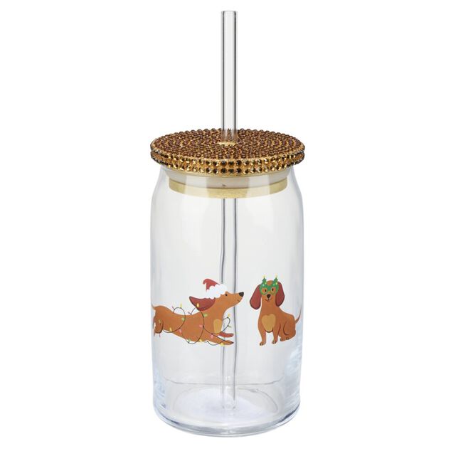 Gobelet avec couvercle paillette et paille imprim&eacute; teckels 450 ml &Oslash;7XH14 cm dor&eacute;