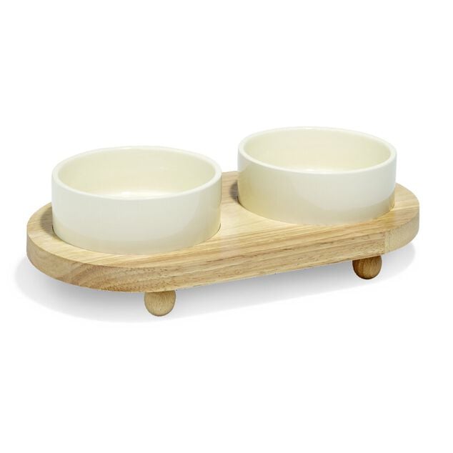 Gamelle double pour chien en dolomite avec socle en bambou