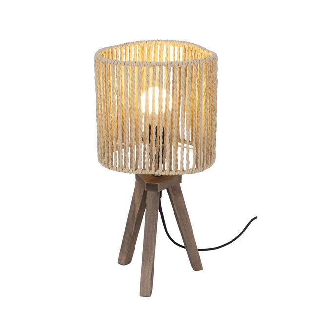 Lampe &agrave; poser tr&eacute;pied bois abat-jour papier tress&eacute; &Oslash;16xH32,5cm
