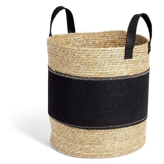 Panier &agrave; linge 52L jonc de mer et feutrine noir &Oslash;37xH38cm