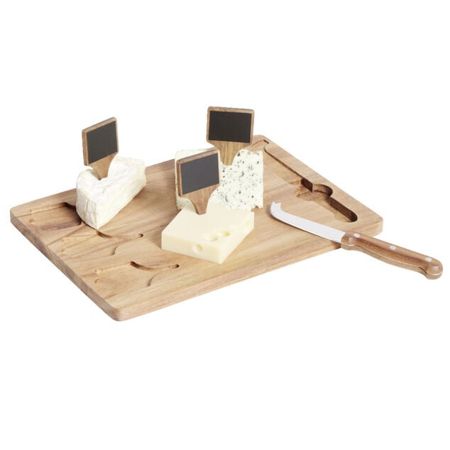 Plateau &agrave; fromage en bois avec couteau et 3 pancartes