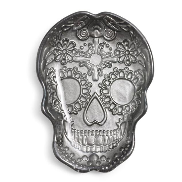 Plat Halloween t&ecirc;te de mort mexicaine en verre noir 15x11xH2cm