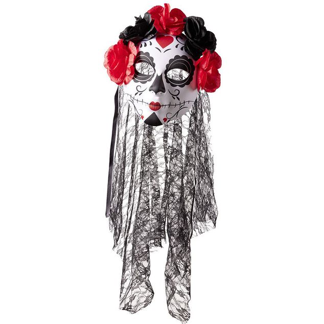 Masque squelette adulte jour des morts calavera fleur rouge et noir