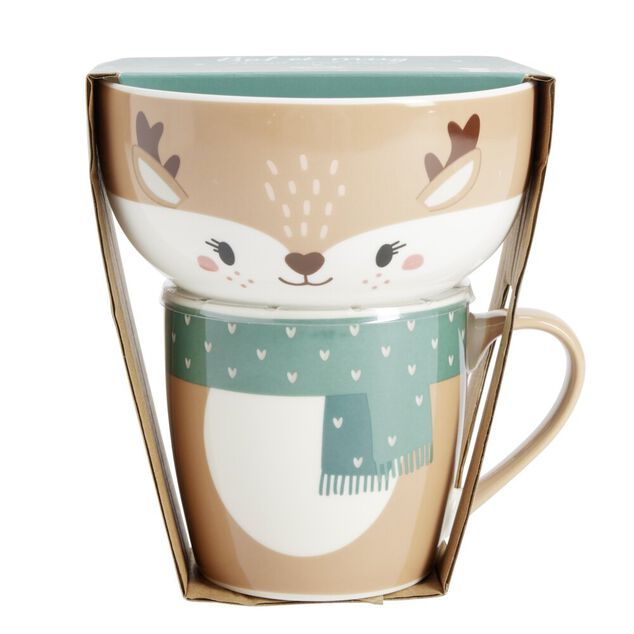 Bol 500ml avec mug 300ml renne mignon porcelaine blanc et marron