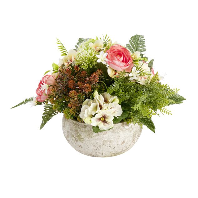 Composition florale artificielle multifleur rose saumon dans vasque &Oslash;42xH33cm