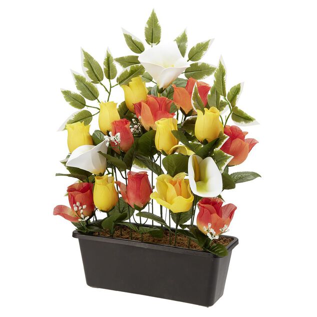 Jardini&egrave;re rose+arum 20 t&ecirc;tes orange jaune