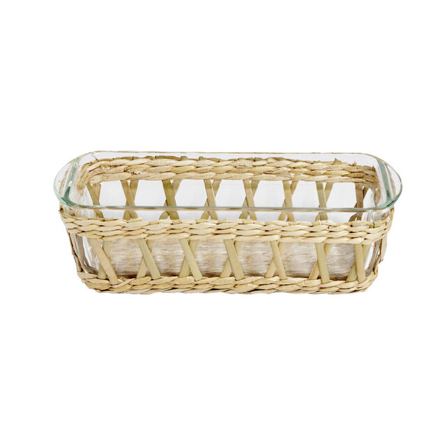 Plat &agrave; four en verre transparent et d&eacute;co raphia beige 28x11,5xH8,5cm