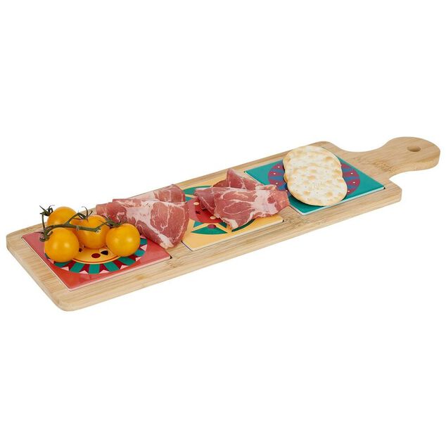 Planche de pr&eacute;sentation ap&eacute;ritif bambou carreaux c&eacute;ramique 46,5x13x1cm