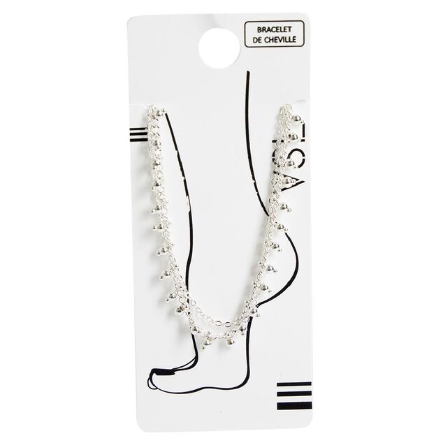 Cha&icirc;ne de cheville 2 rangs maille fine et perles argent&eacute;