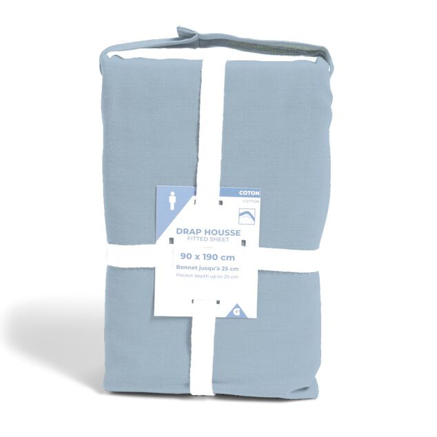 Drap housse 90x190cm 100% coton bleu chin&eacute;