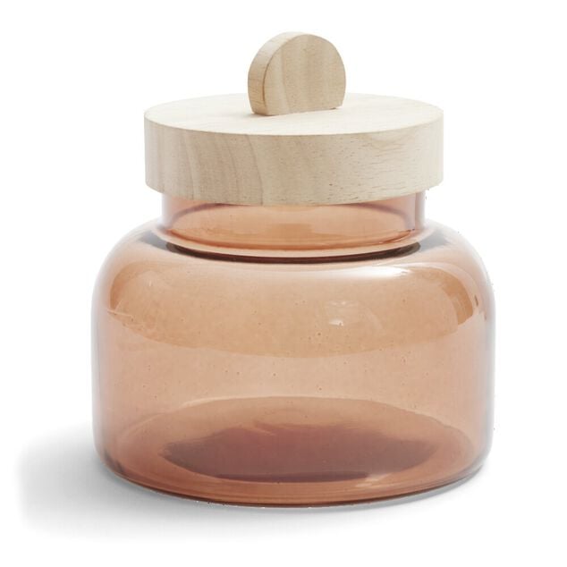 Bo&icirc;te en verre marron + couvercle bois &Oslash;12xH16cm