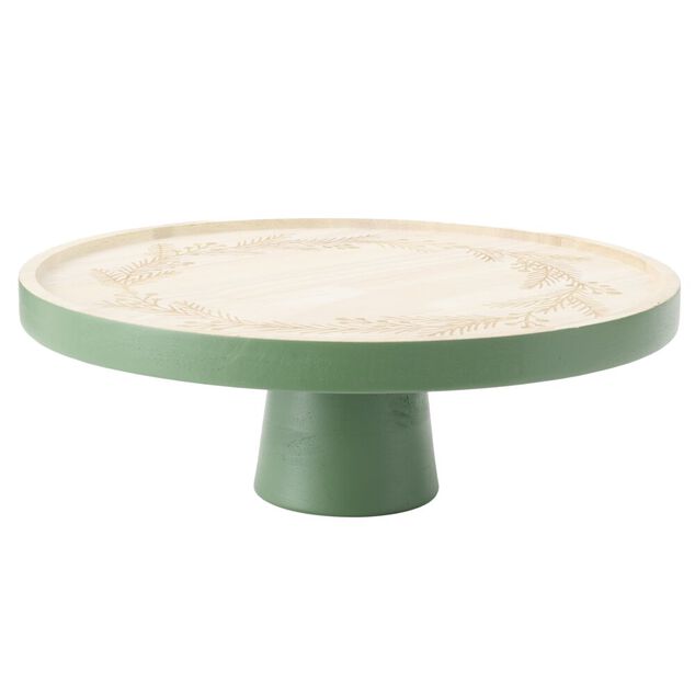 Plateau de pr&eacute;sentation en bois grav&eacute; couronne de No&euml;l &Oslash;28XH10 cm vert et naturel