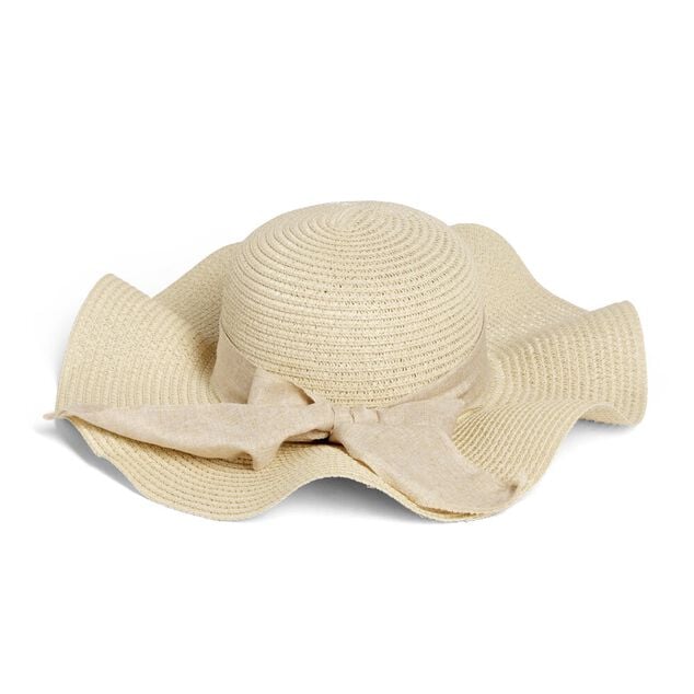 Capeline ondul&eacute;e beige ruban floral papier &Oslash;40cm