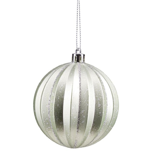 Boule de No&euml;l ronde relief stri&eacute; gris paillet&eacute; &Oslash;8cm