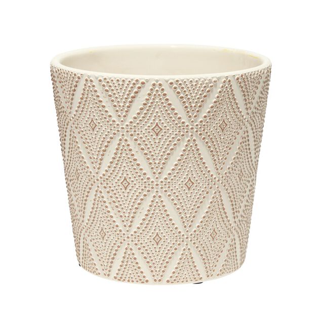 Pot terre cuite beige motifs losanges relief marron &Oslash;13,5xH13,5cm