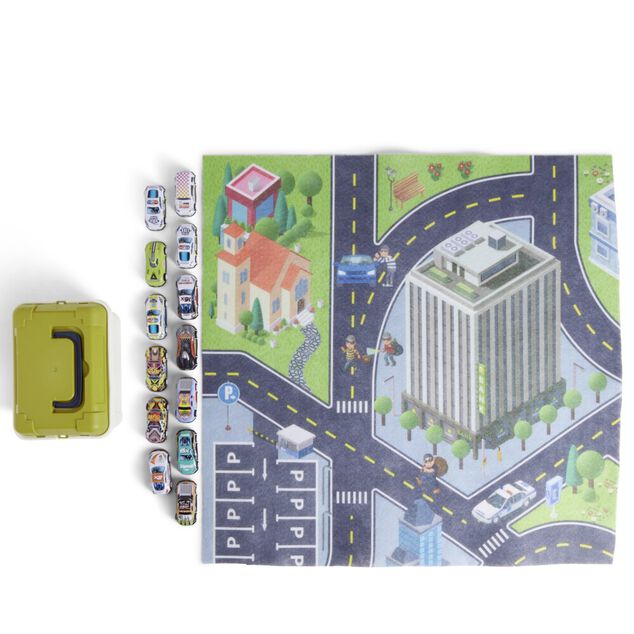 Caisse de rangement avec 20 voitures et 1 tapis de jeu