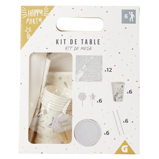 Kit jetable Bonne ann&eacute;e vaisselle et accessoire 6 personnes argent&eacute;