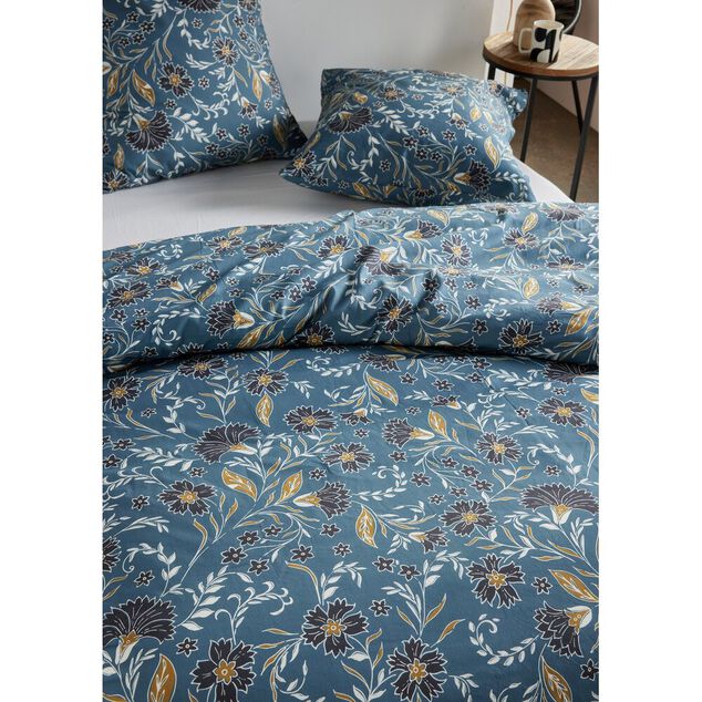 Parure de lit 2 personnes 220x240cm bleu canard motif floral