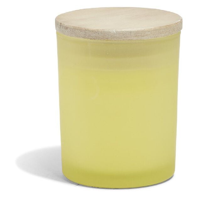 Bougie citronnelle couvercle bois verre jaune &Oslash;7xH8,5cm