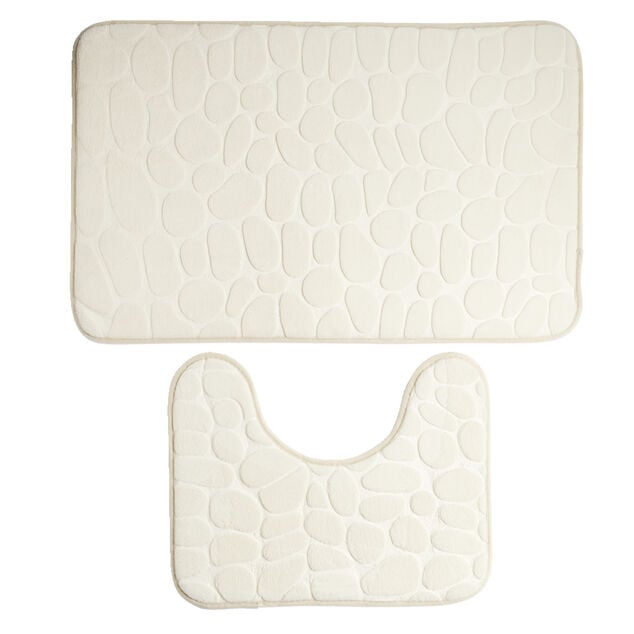 Ensemble tapis de bain et contour WC &agrave; m&eacute;moire de forme beige ou gris