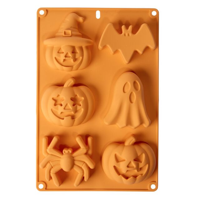 Moule &agrave; g&acirc;teau Halloween x6 silicone orange 18x27cm
