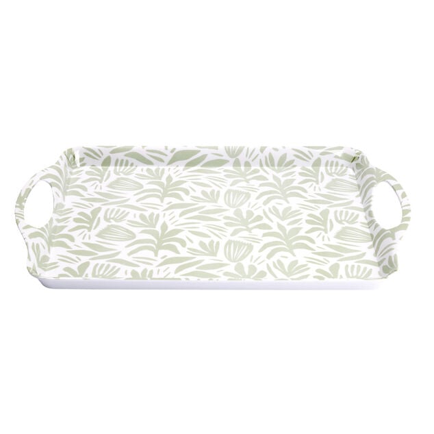 Plateau rectangulaire blanc motif feuillage vert sauge 34x50,5cm