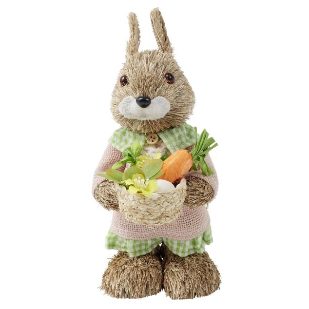 D&eacute;coration &agrave; poser lapin fermier en paille avec accessoires H32cm (2 mod&egrave;les)