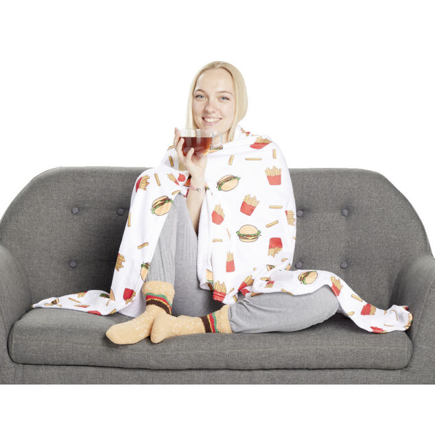 Plaid 130x160cm avec 1 paire de chaussettes fun assortie - 2 mod&egrave;les