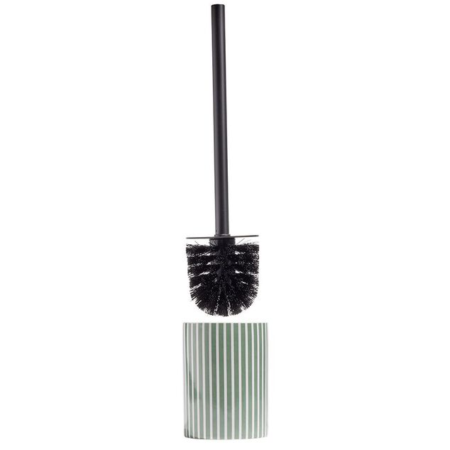Brosse WC socle rond gr&egrave;s rayure verticale vert et blanc &Oslash;9,2xH36cm