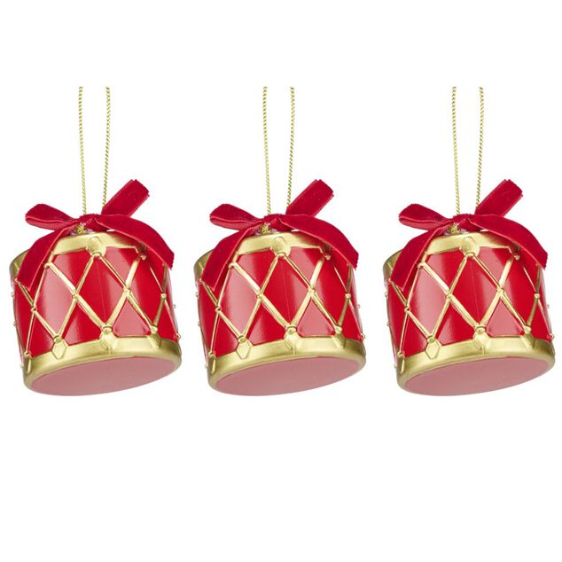Tambours de No&euml;l rouges et dor&eacute;s x3 &agrave; suspendre L7cm