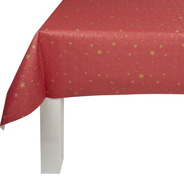 Nappe damass&eacute;e rouge et &eacute;toiles dor&eacute;es