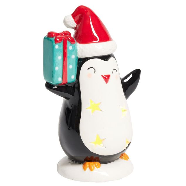 Pingouin de No&euml;l lumineux 1LED c&eacute;ramique noir et blanc H15,5cm