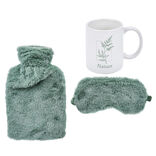 Coffret cocconing 3 pi&egrave;ces bouillotte masque yeux et mug vert