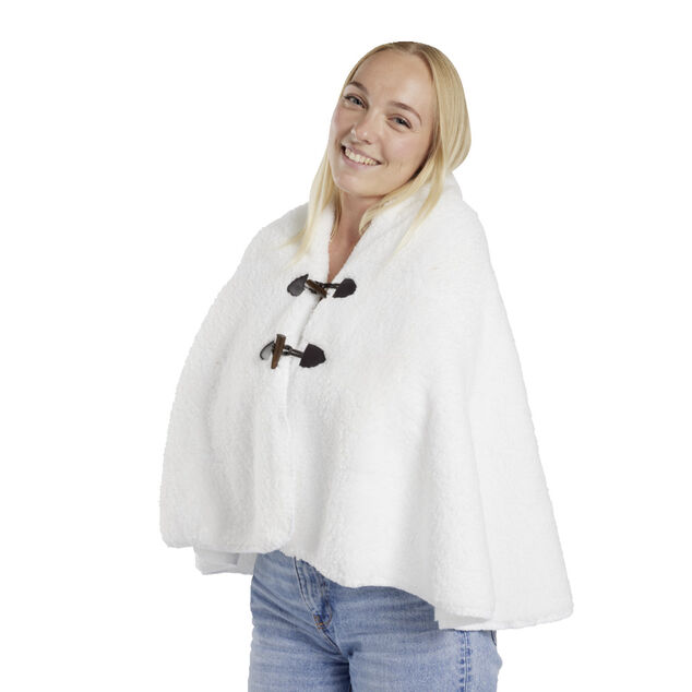 Veste plaid châle moutonné blanc 75x150cm avec boutons à brandebourg