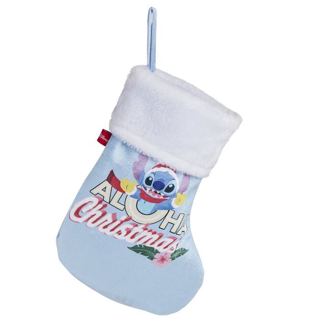 Chaussette de No&euml;l Disney Stitch Aloha Christmas bleu et blanc H27cm