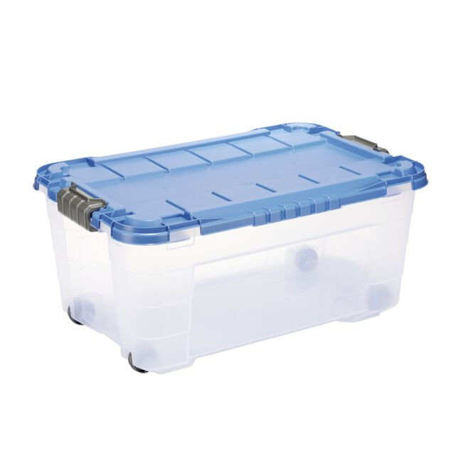 Box de rangement 40L plastique transparent 4 roues couvercle malin bleu 59x39xH27cm