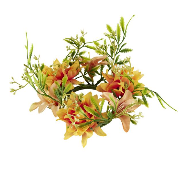 Composition florale artificielle couronne multifleur orange Ø30cm