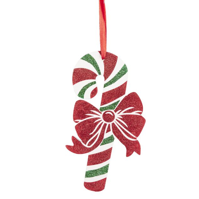 Suspension forme sucre d'orge en bois paillet&eacute; rouge et vert H.15 cm