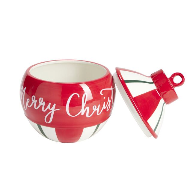 Bonbonni&egrave;re boule de No&euml;l Merry Christmas rouge et blanc &Oslash;21xH27cm
