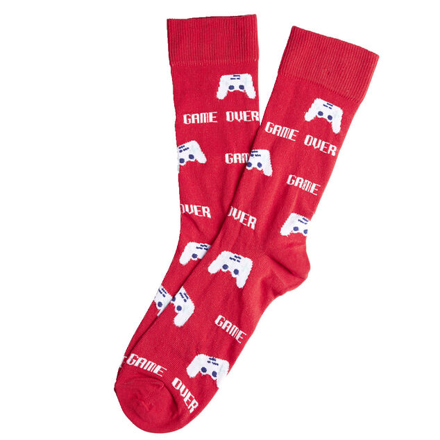 Chaussette homme polycoton tige longue rouge motif jeux vid&eacute;o T41/46