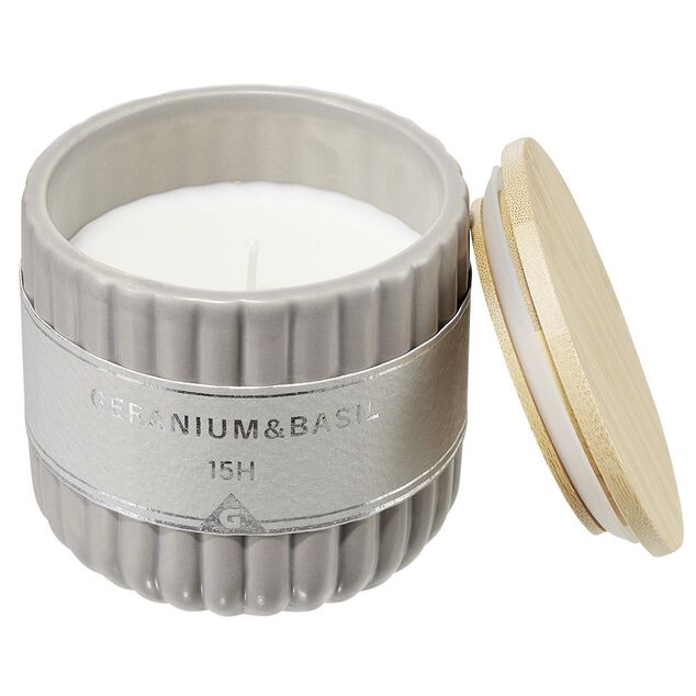 Bougie dans pot c&eacute;ramique et bambou &Oslash;9xH8cm