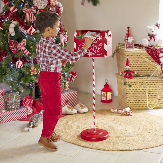 D&eacute;coration bo&icirc;te aux lettres de No&euml;l rouge et blanche H100cm