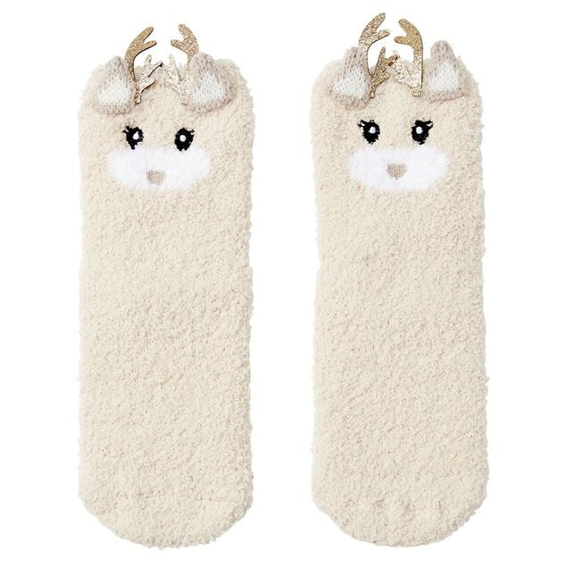 Coffret chaussettes en maille doudou motif Renne beige dor&eacute;