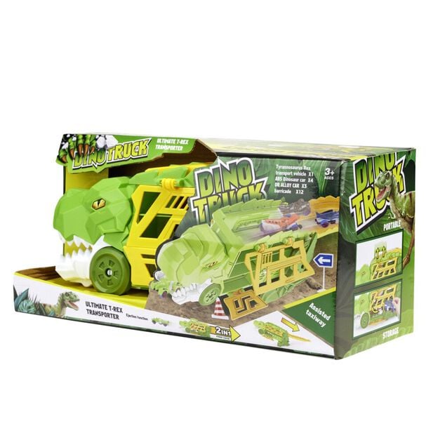 Camion transporteur dinosaure avec 4 v&eacute;hicules vert 44x29xH19cm